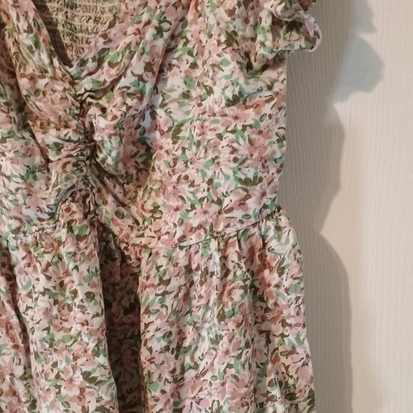 Japna Floral Boho Top Women L Flutter Sleeve Ruched V-Neck Blouse - Picture 8 of 9